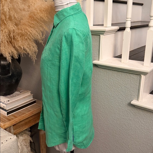 Lauren Ralph Lauren Green 100% Linen Button Down Shirt 3/4 Sleeve Size Small - Picture 3 of 7